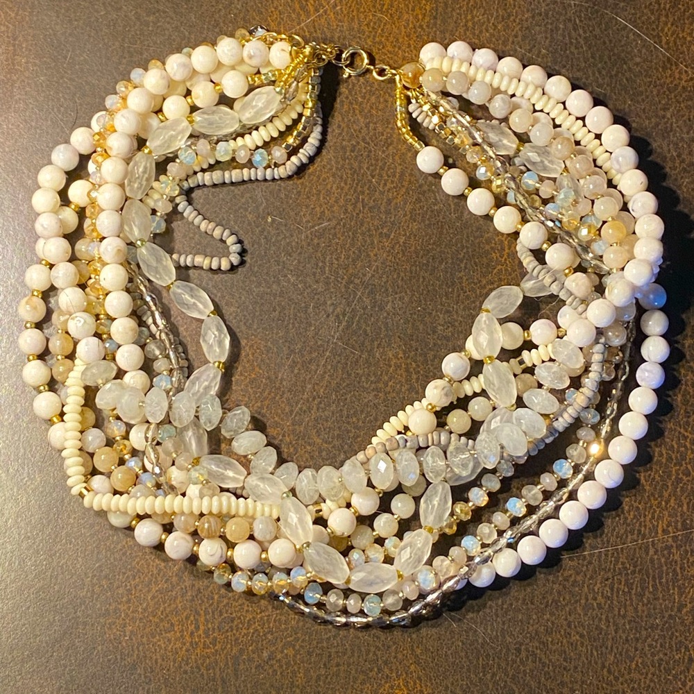 Gorgeous vintage multi strand necklace,white beads,opalescent crystals, gold